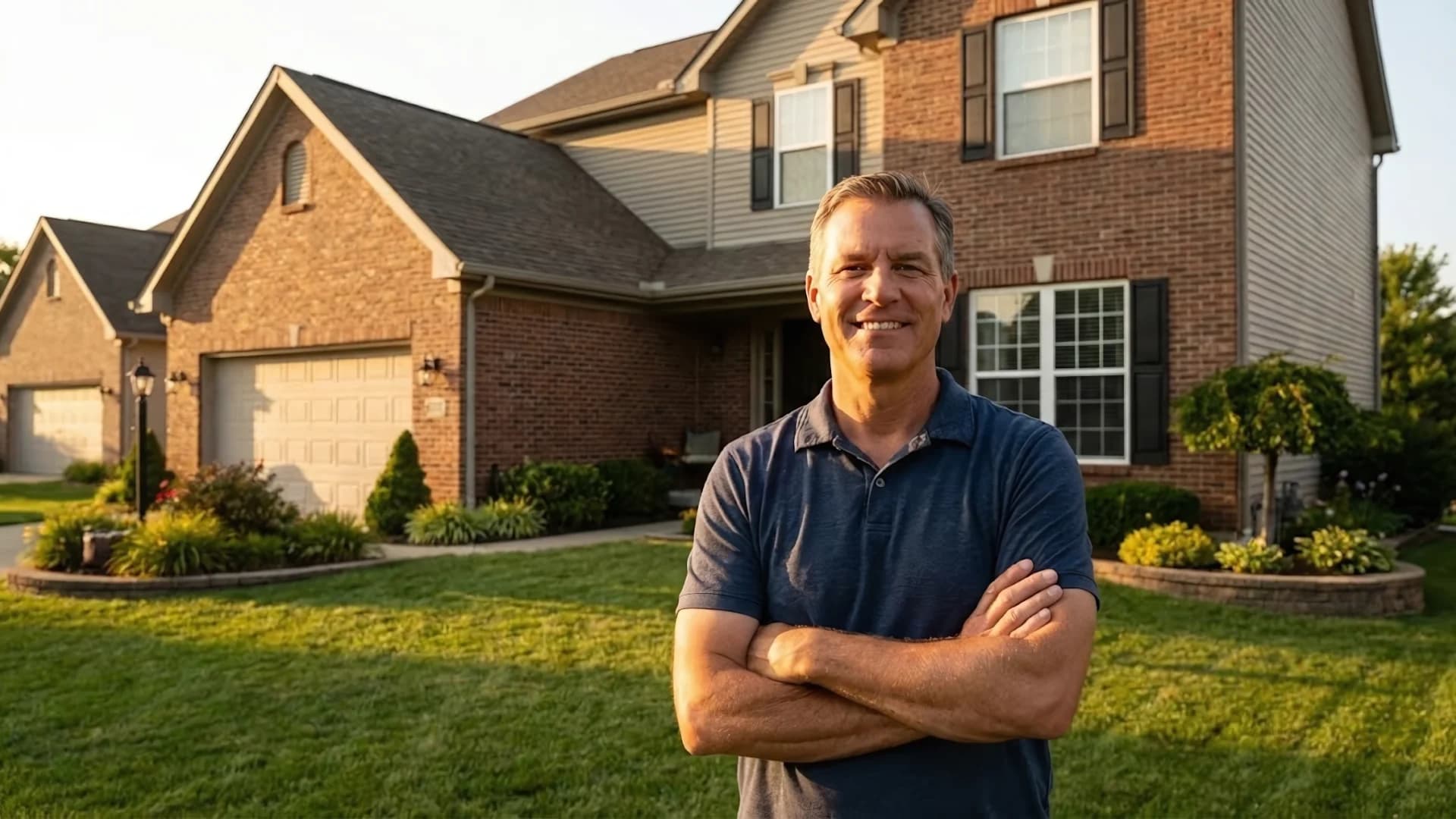 Proud homeowner standing in front of house representing accessible home equity
