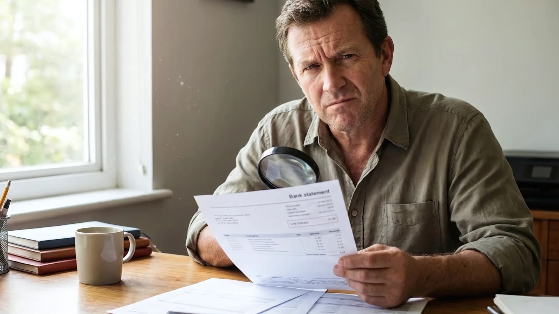 Person skeptically reviewing low bank interest on statement