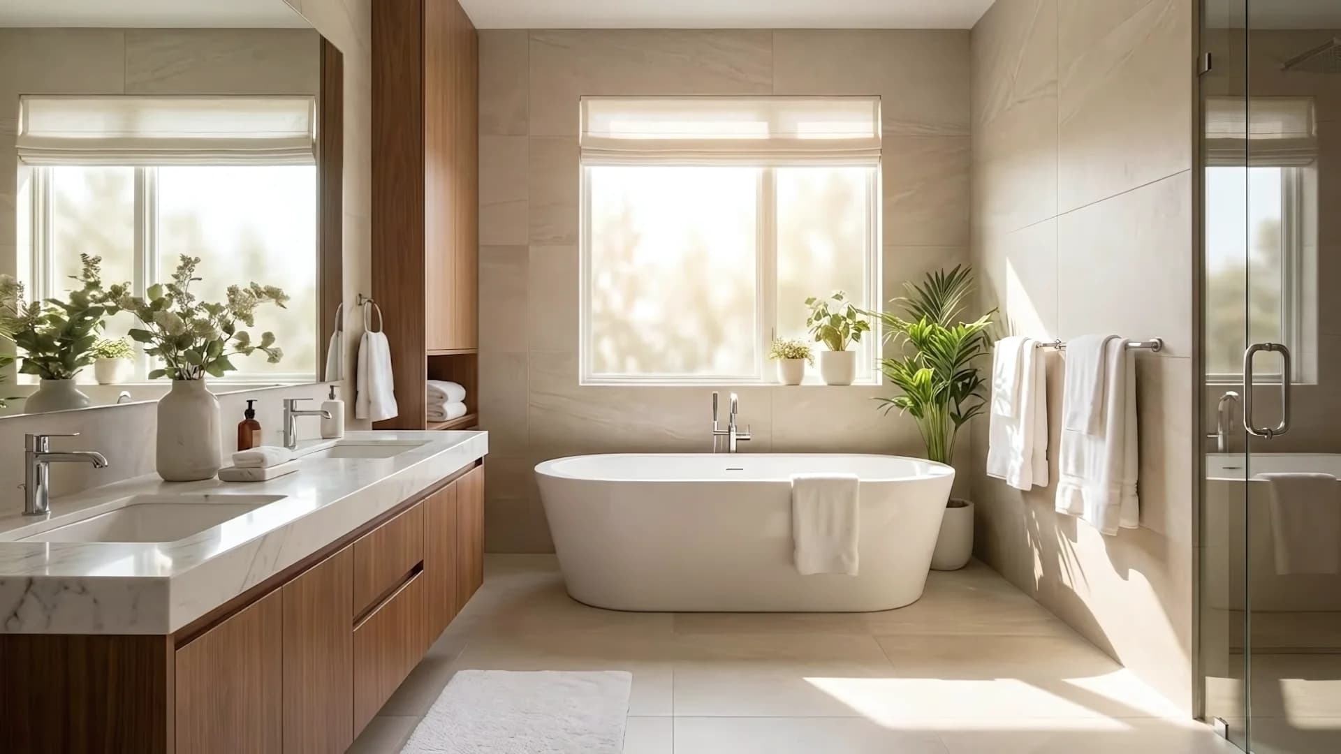 Beautiful modern bathroom renovation with freestanding tub and double vanity
