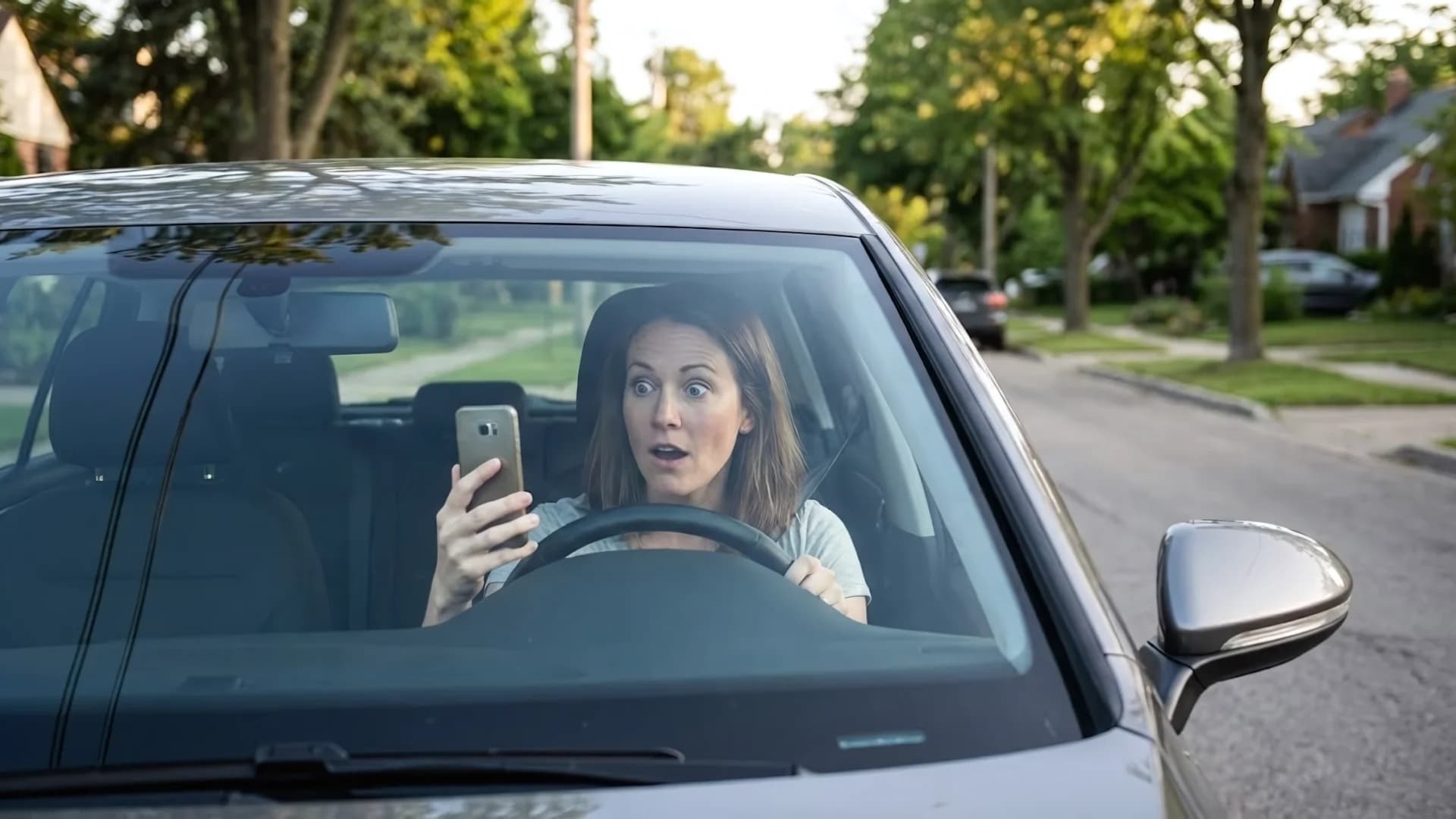 Surprised driver discovering hidden car insurance information on phone