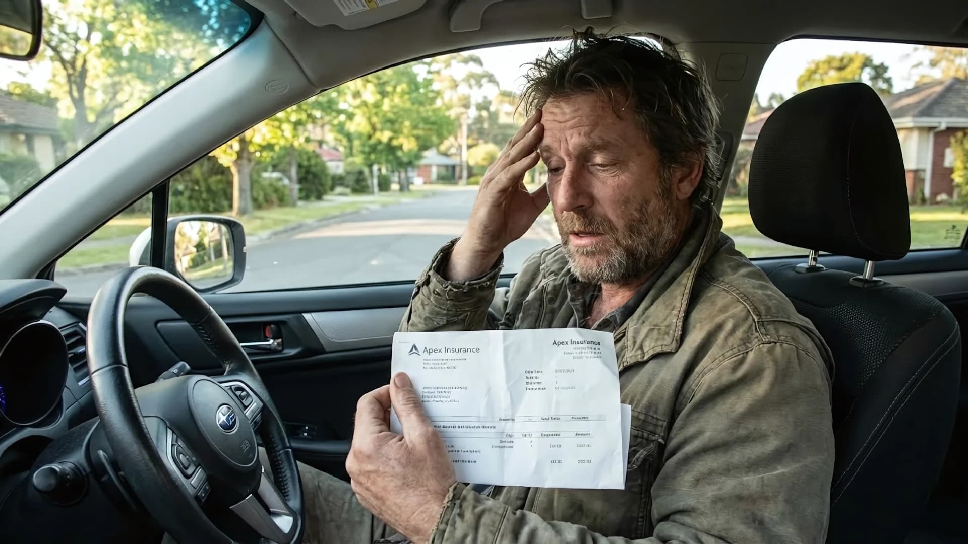 Frustrated driver realizing loyalty tax on auto insurance bill