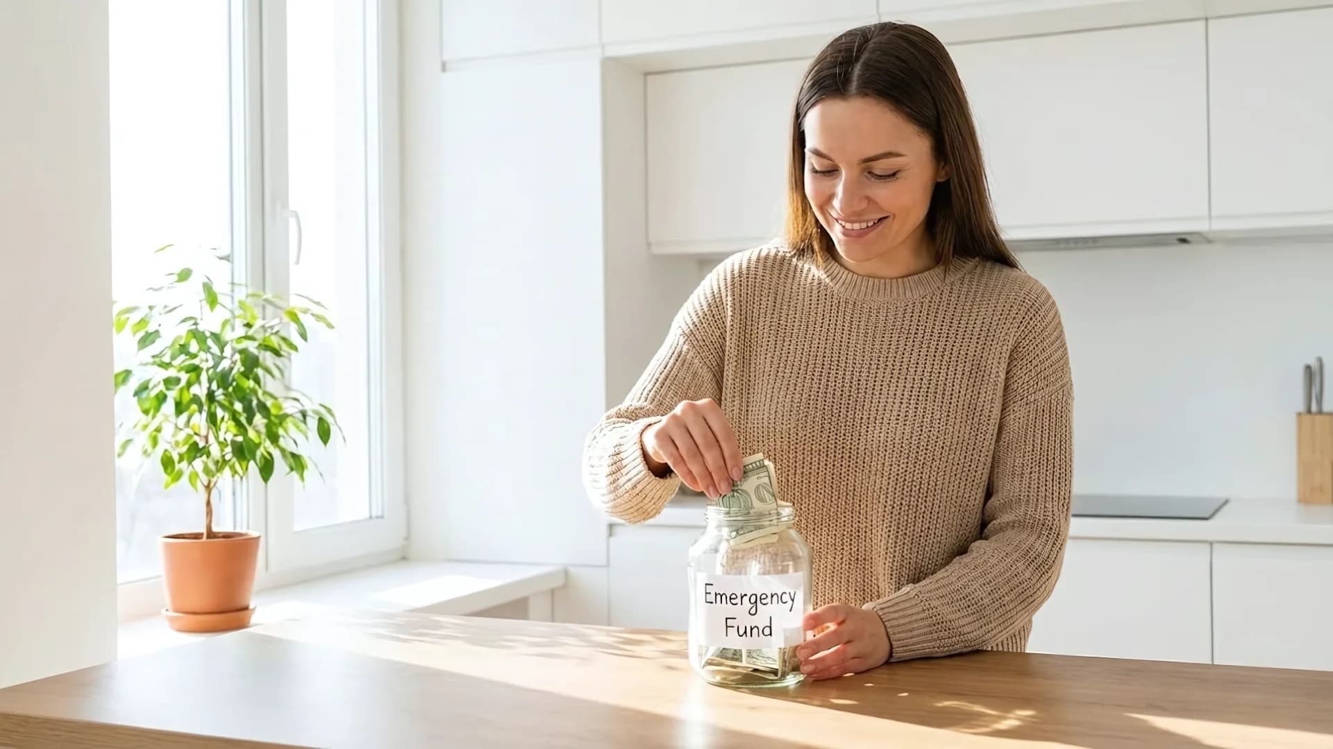 Person adding money to emergency fund savings jar