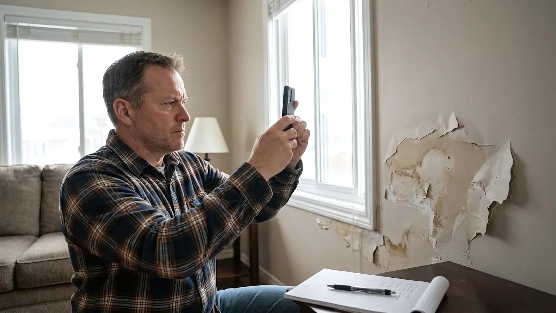 Homeowner documenting damage with phone for insurance claim