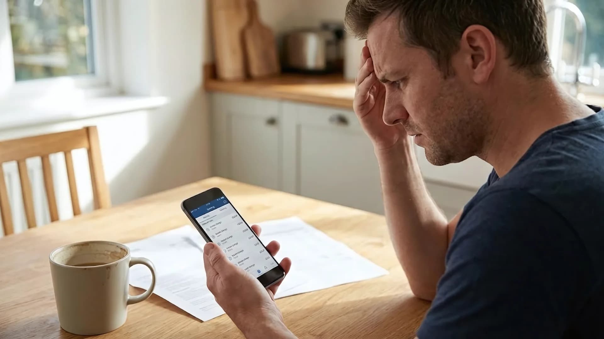 Frustrated person discovering hidden bank fees on phone app