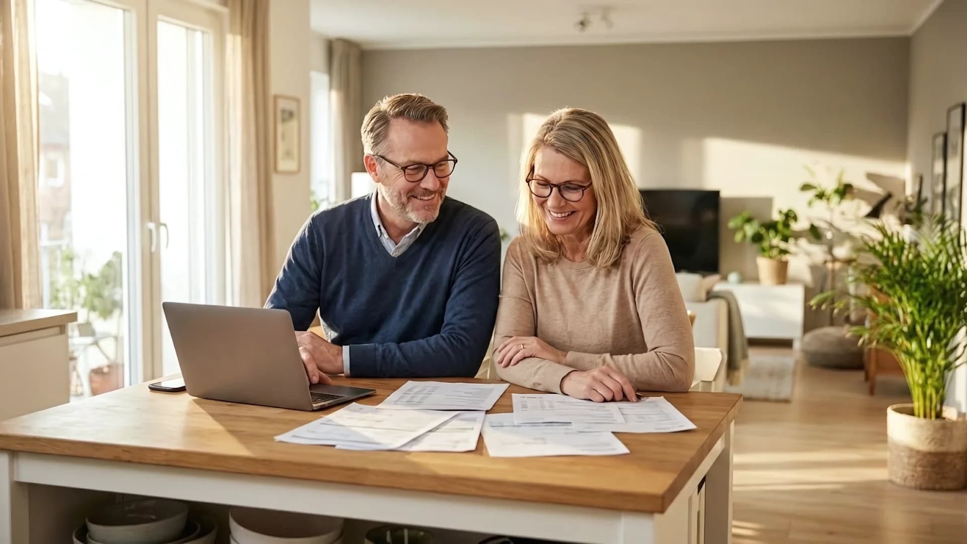 Couple reviewing home equity documents at their kitchen table