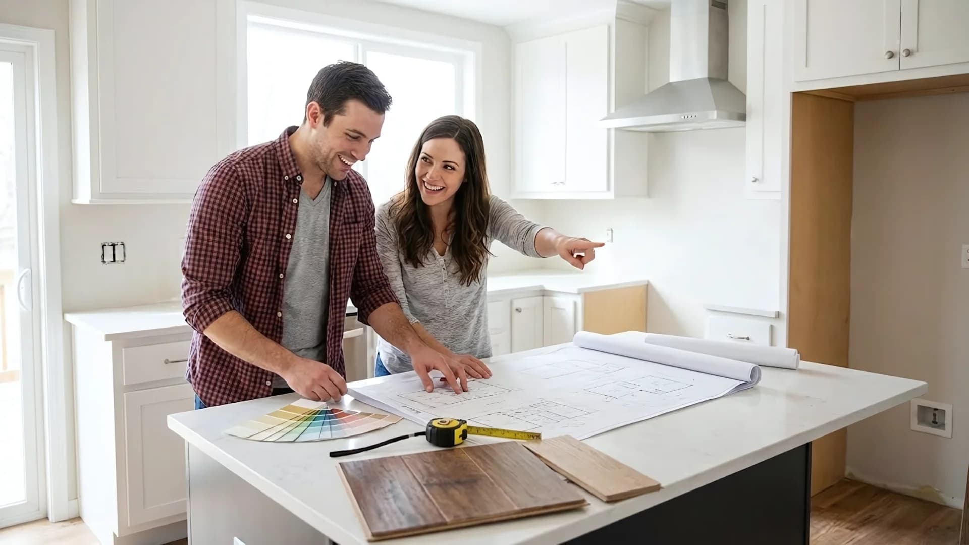 Couple reviewing home renovation plans together