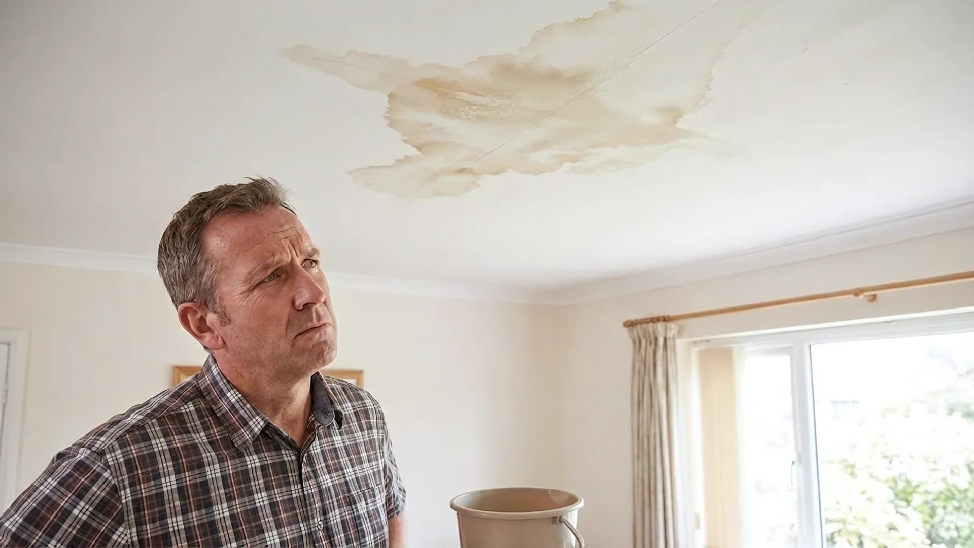Homeowner examining water damage on ceiling with concern