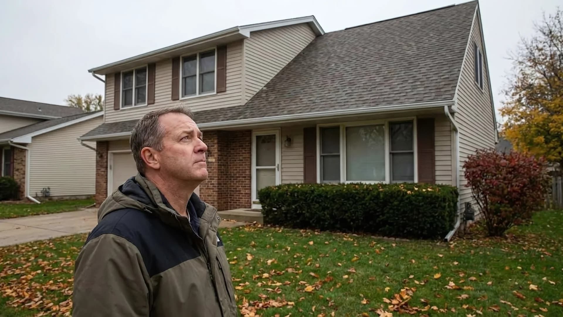 Concerned homeowner looking at house worried about insurance coverage