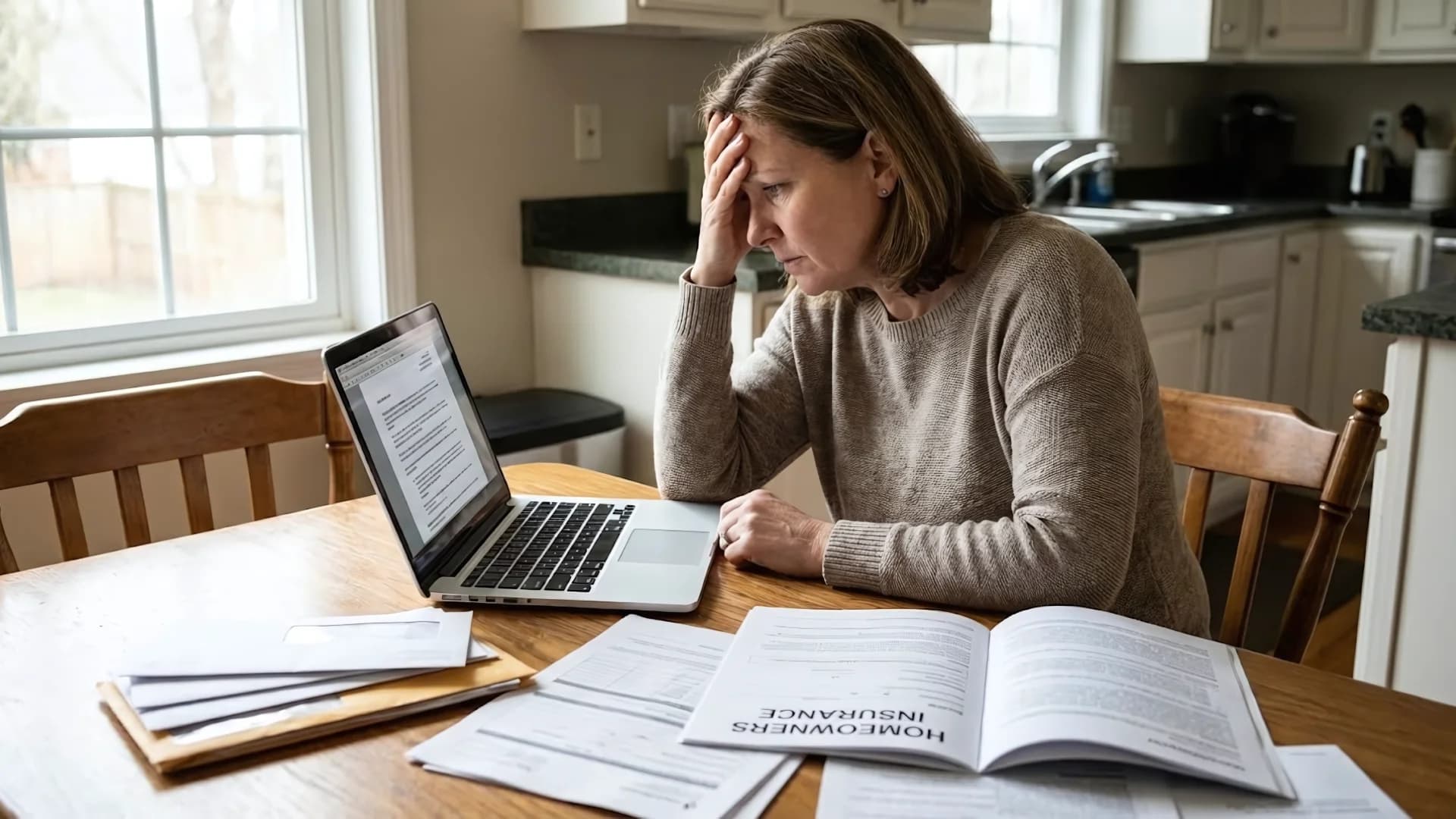 Frustrated homeowner reviewing insurance bills and paperwork