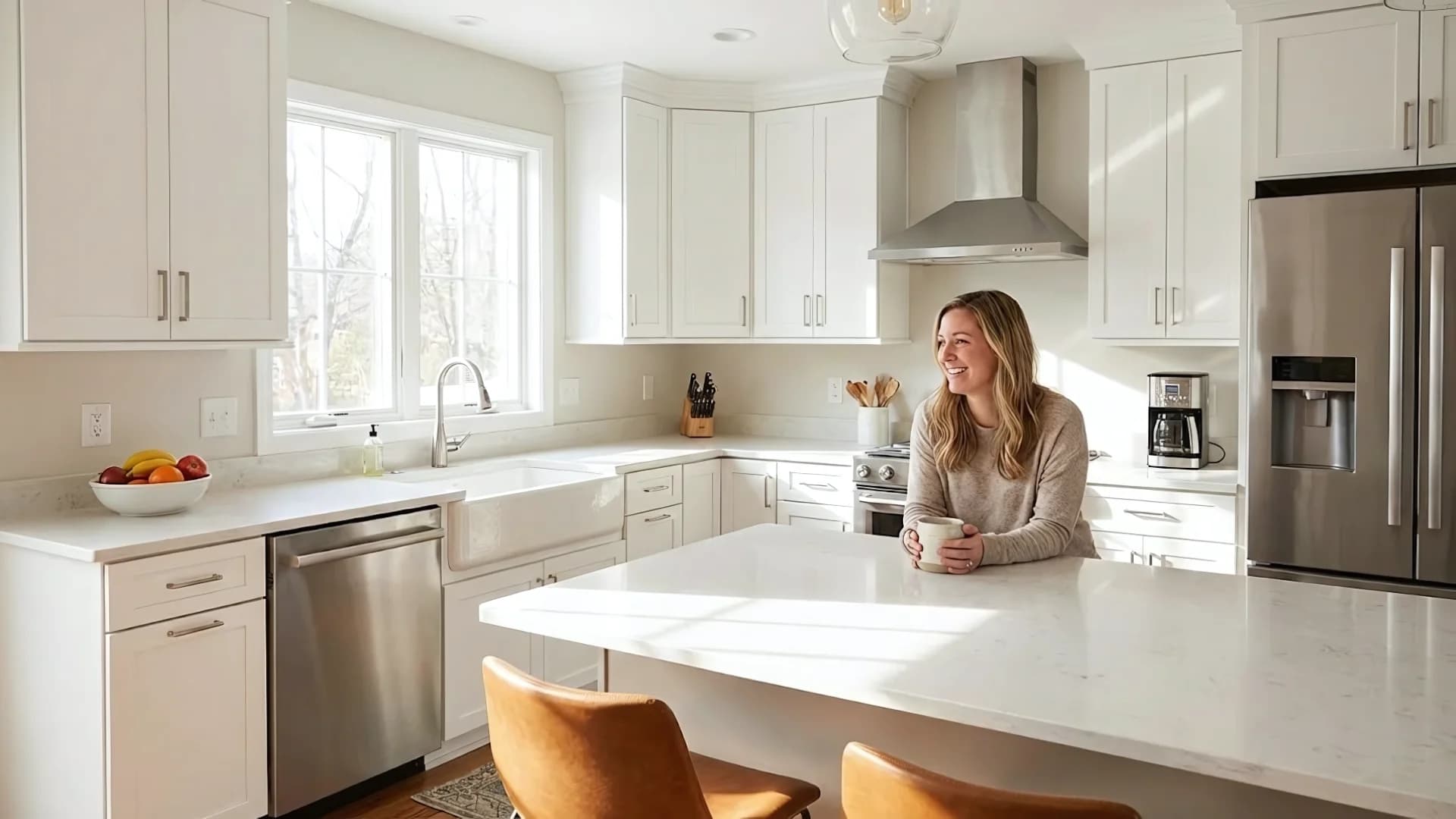 Modern kitchen remodel with white cabinets and quartz countertops