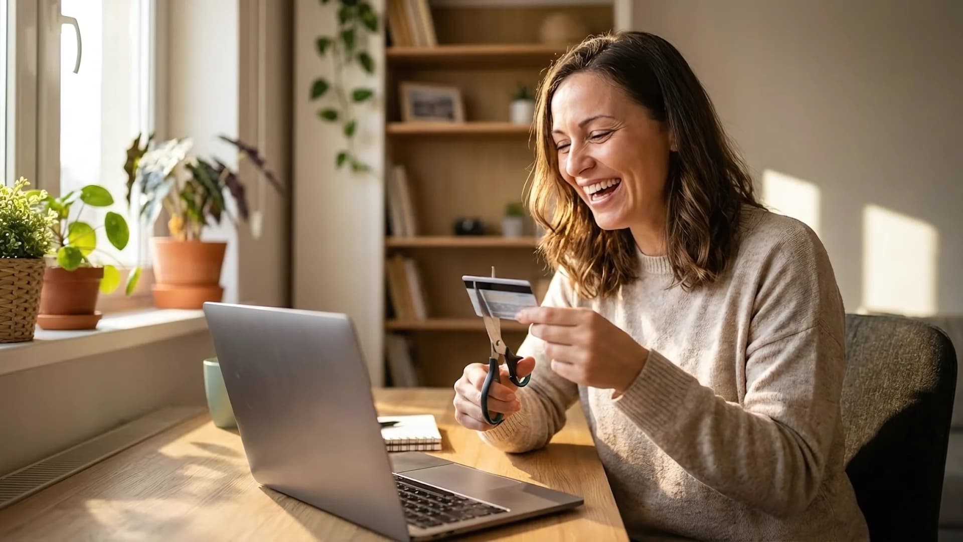Woman cutting up credit card after paying off debt with home equity