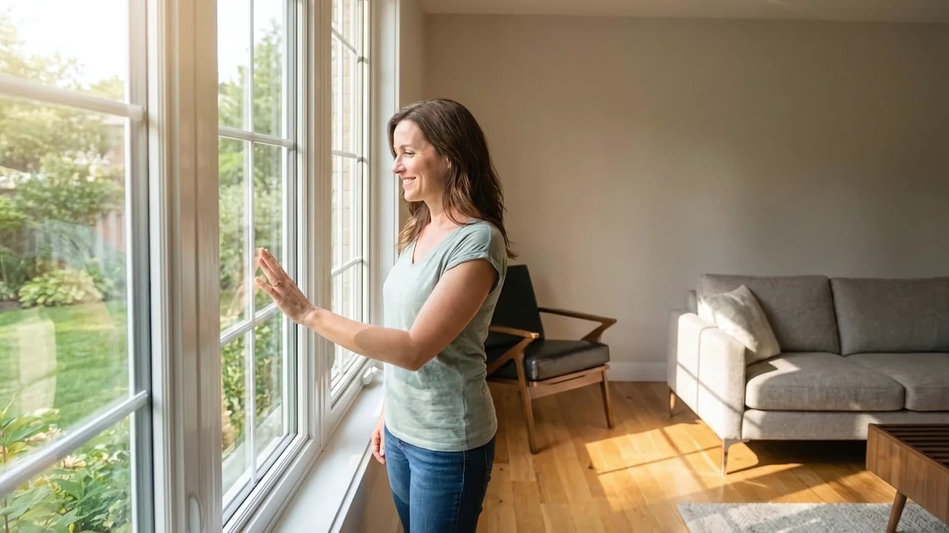 Homeowner enjoying natural light through new energy-efficient windows